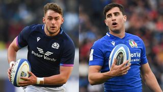 Scotland's Ollie Smith with the ball and Alessandro Fusco of Italy gestures during a Six Nations Rugby match 
