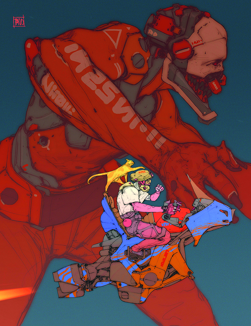 Sci-fi composition; a man riding a contraption with a cat on his shoulder