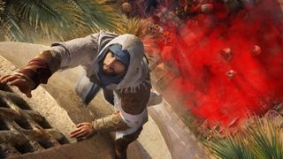 Assassin's Creed Mirage - Basim climbs a wall while a red smoke grenade goes off on the street below.