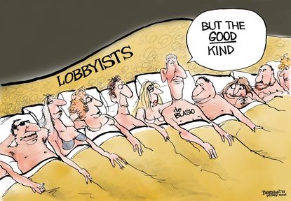 Political Cartoon U.S. NYC Mayor Bill de Blasio in bed with lobbyists
