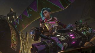 Vi and JInx stand back to back as Warwick looks down on them in Arcane season 2's finale