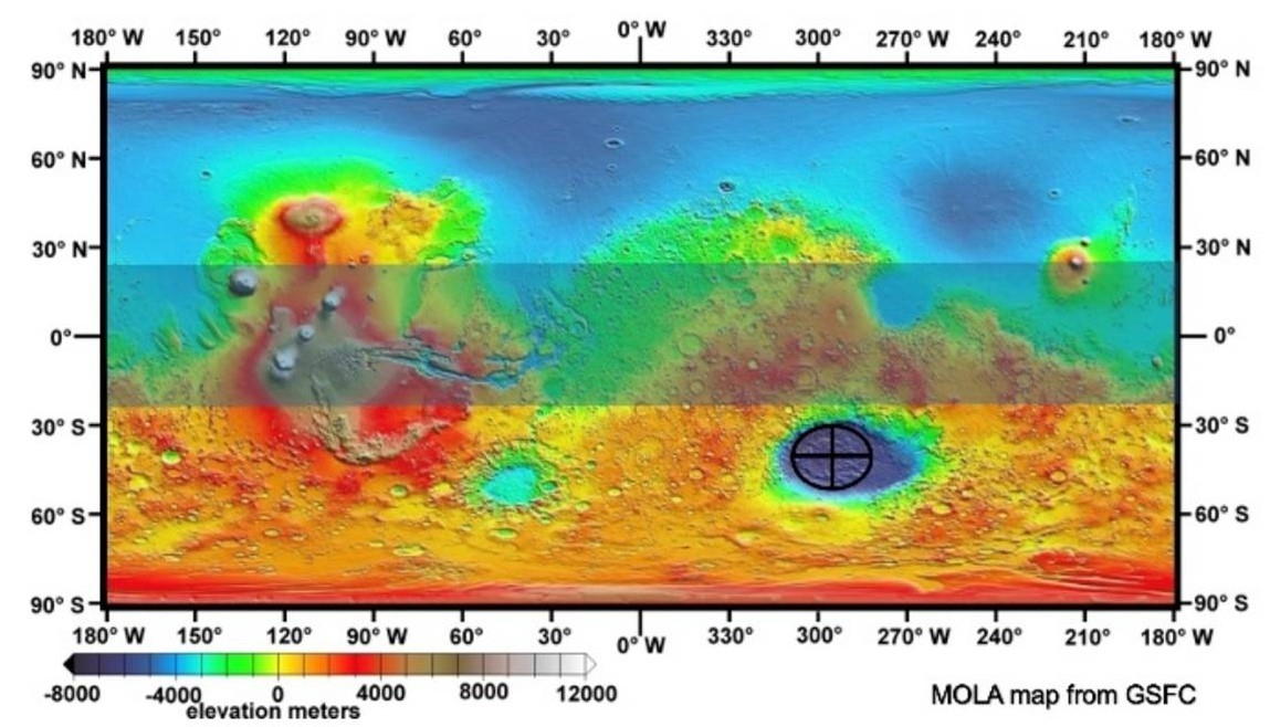 Map of Mars with the tropics shaded. With sufficient greenhouse warming, the first tree on Mars grows outside the tropics in Hellas Basin.