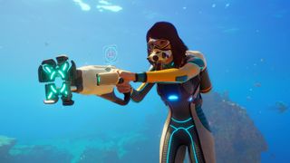 A diver holding a sci-fi tool 
