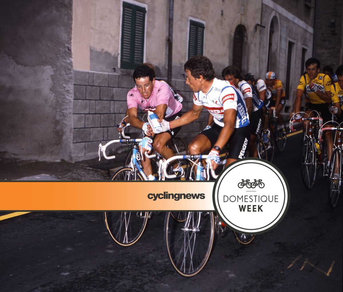 Eddy Schepers hands Stephen Roche a bidon at the 1987 Giro d&#039;Italia