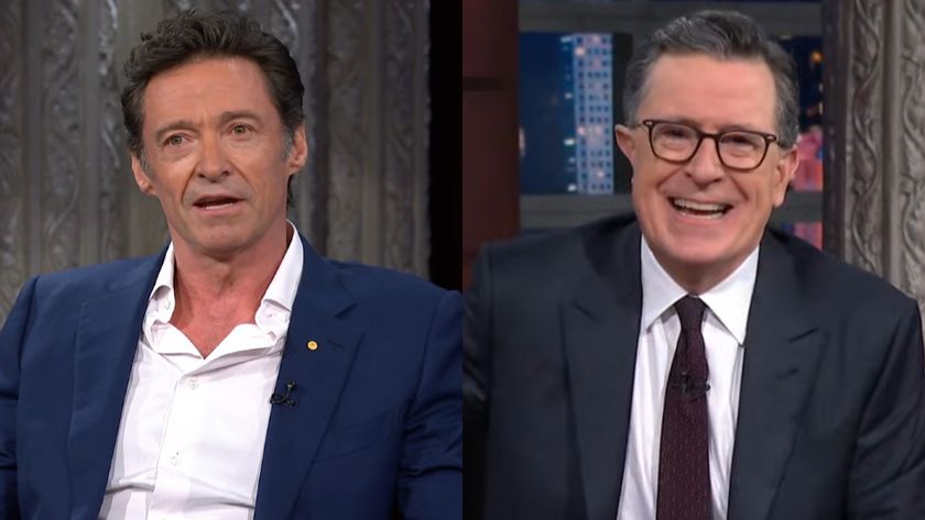 Hugh Jackman and Stephen Colbert on The Late Show.
