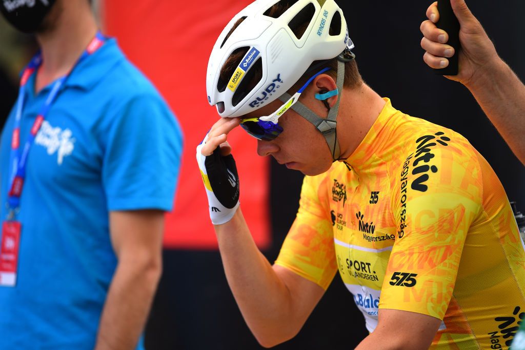 NYIREGYHAZA HUNGARY MAY 13 Jens Reynders of Belgium and Team Sport Vlaanderen Baloise Yellow Leader Jersey prior to the 43rd Tour de Hongrie 2022 Stage 3 a 154km stage from Sarospatak to Nyiregyhaza tourdehongrie on May 13 2022 in Nyiregyhaza Hungary Photo by Dario BelingheriGetty Images