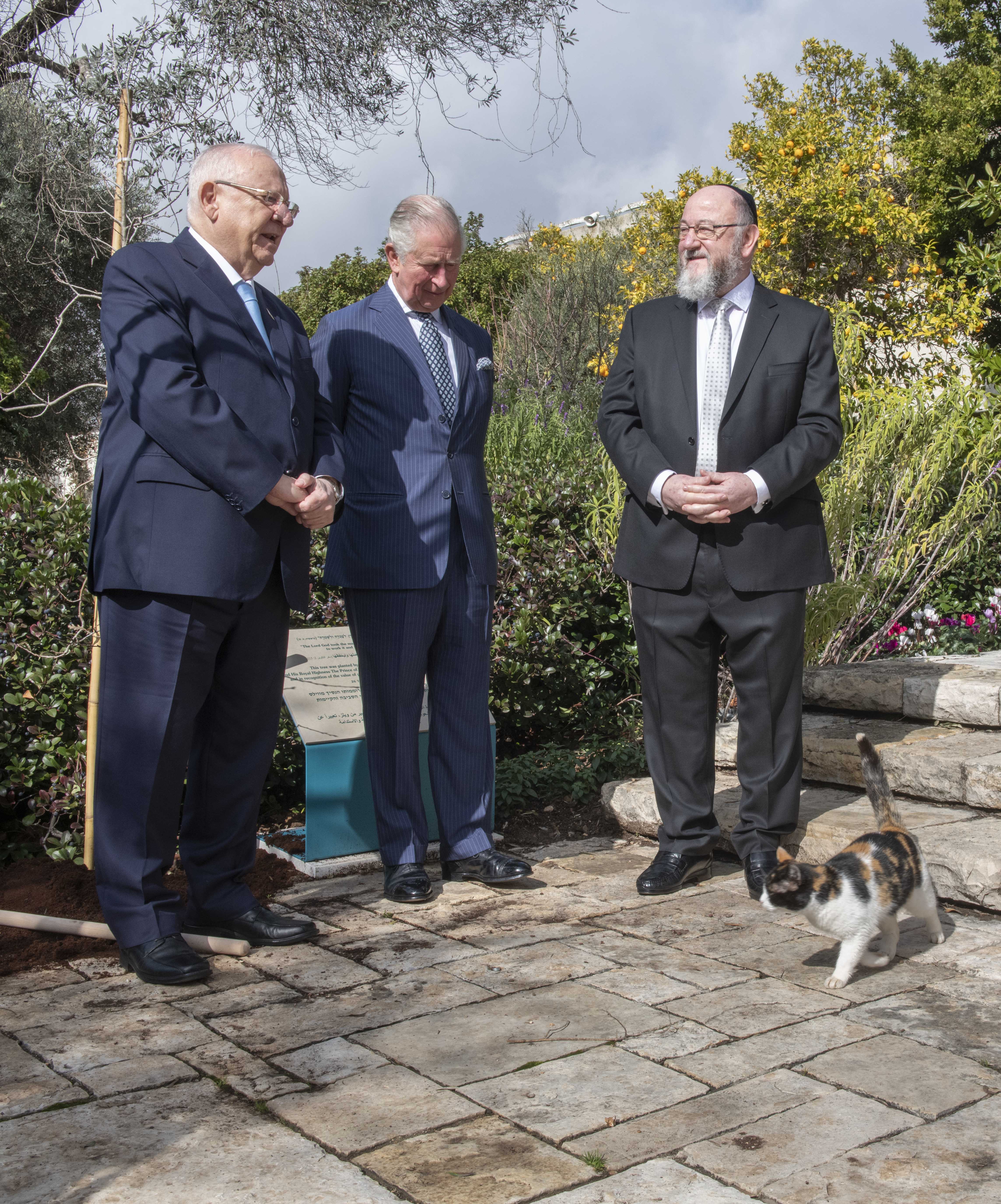 King Charles standing with two men outside watching a cat walk by