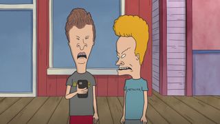 (L to R) Butthead holds a phone as he stands next to Beavis in this image from Beavis and Butt-Head Do the Universe