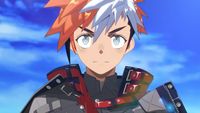 An anime lad with spiky, white and orange hair looks toward the camera.
