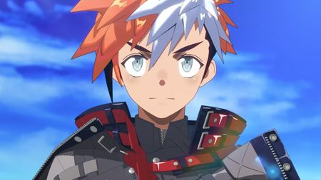 An anime lad with spiky, white and orange hair looks toward the camera.