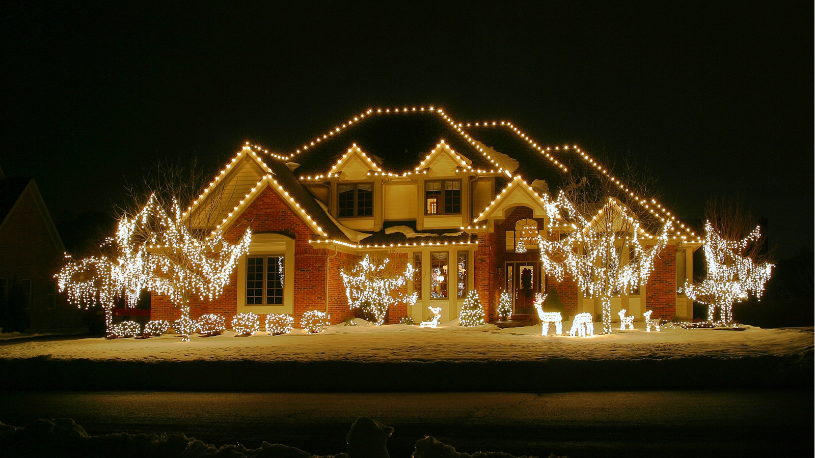 Christmas lights on house and trees at night