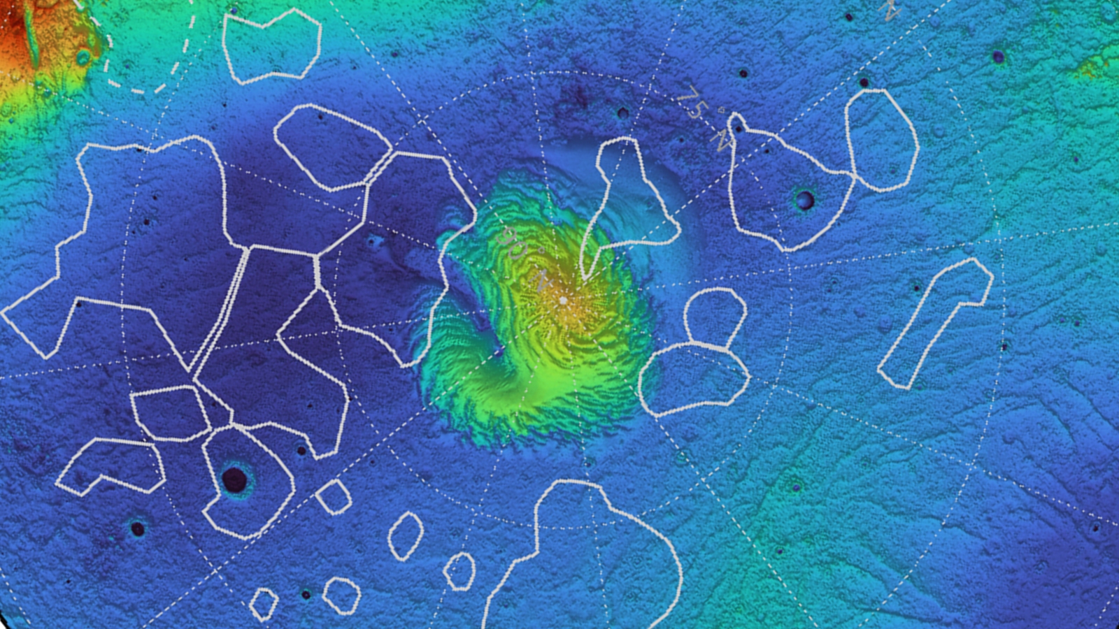 A blue map of Mars with white outlines showing the locations of subsurface spots.