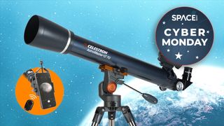Celestron astromaster LT 70az with starry background and cyber monday deal logo