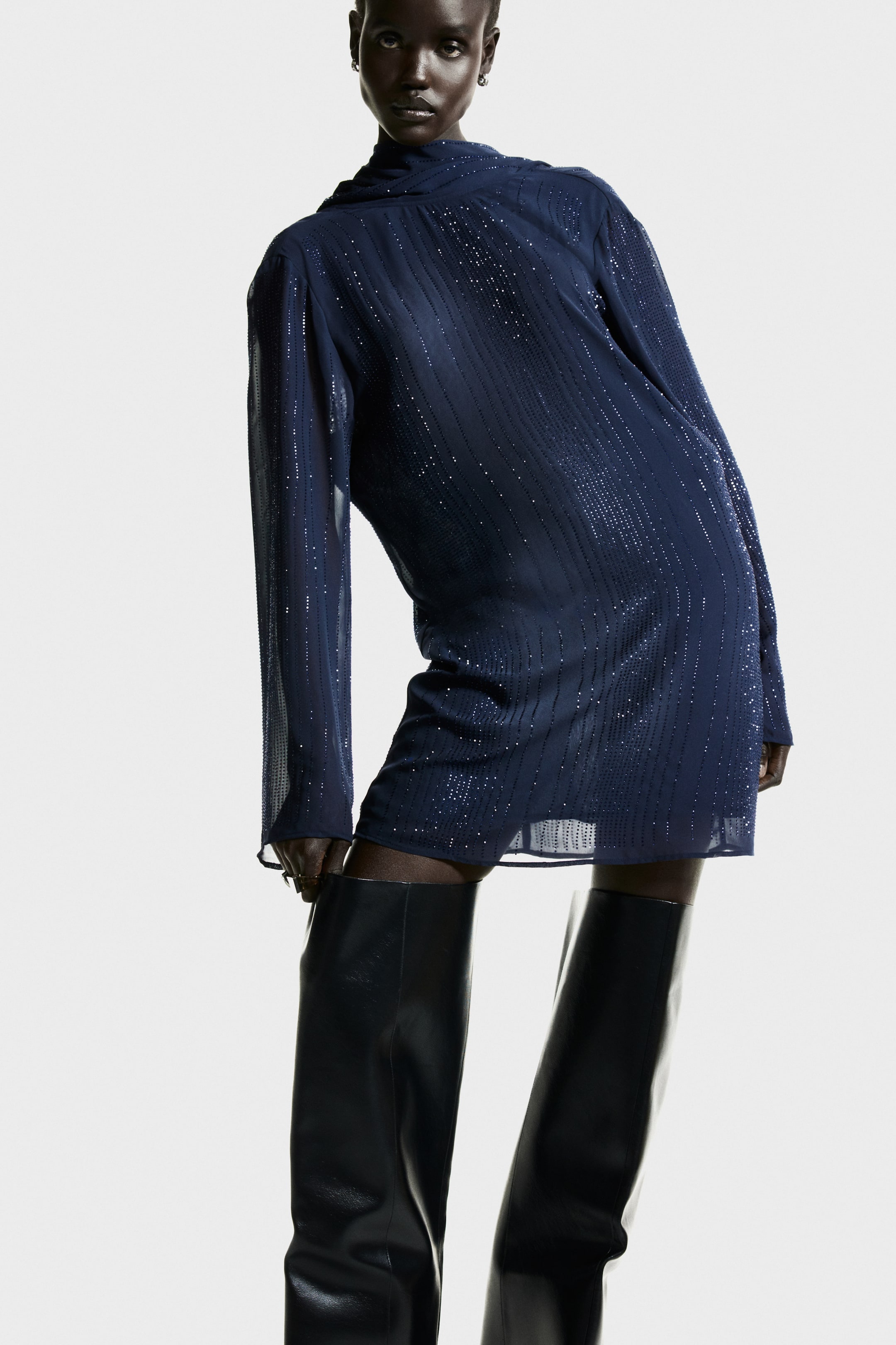 Embellished Cowl-Back Dress - Navy Blue