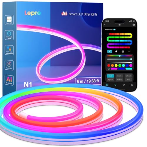 Lepro N1 Ai Smart Rainbow Neon Light Strip 6m, 96 Leds/m, Work With Alexa, Google Home, Music Sync, Ai Lighting Design Assistant, Ip65 Rope Light, Magiccolor Led Light, App &amp;amp; Voice Control, No Remote