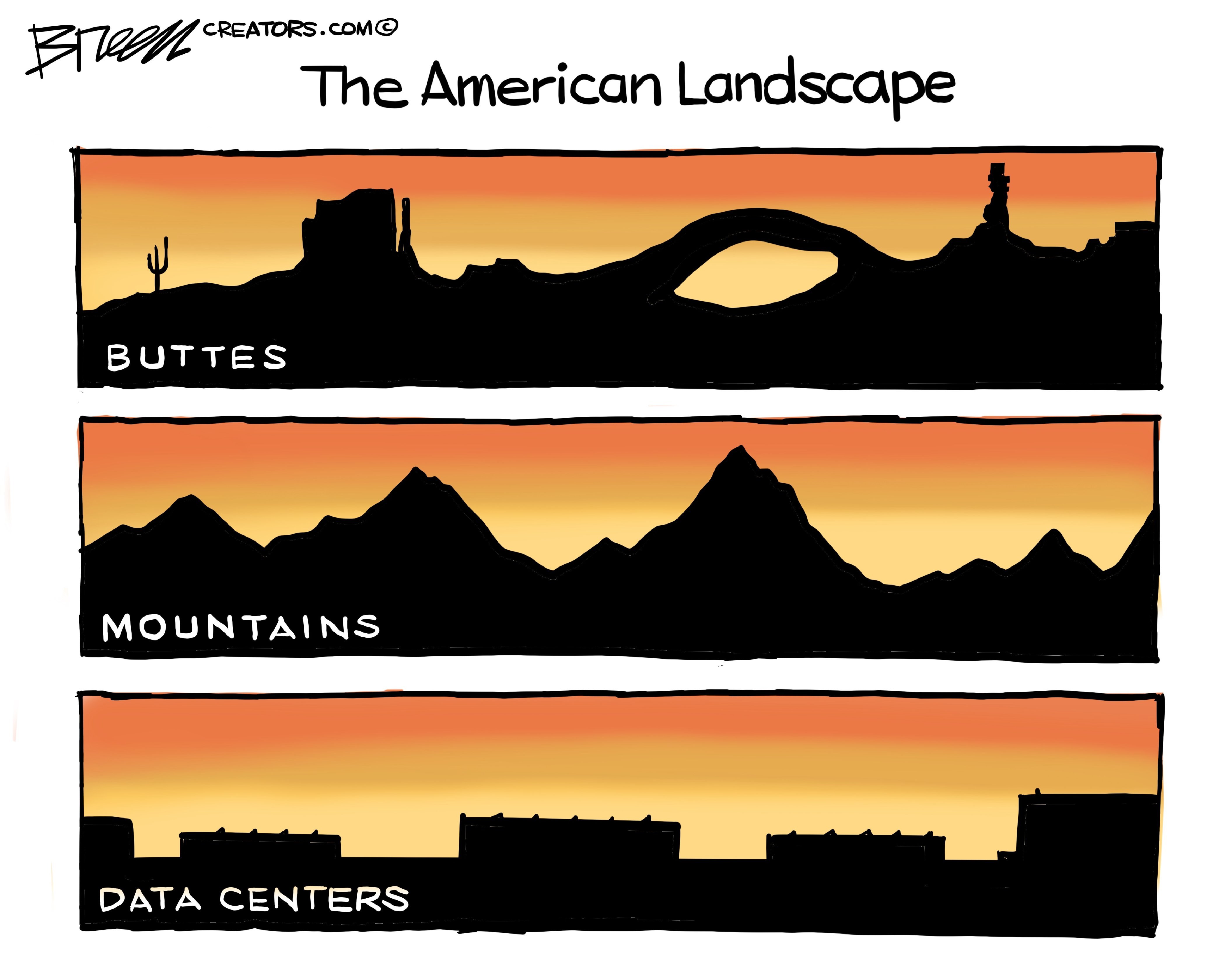 This three-panel cartoon is titled &amp;ldquo;The American Landscape.&amp;rdquo; Each panel shows images in silhouette. From top they are buttes, then mountains, then data centers in the bottom image.