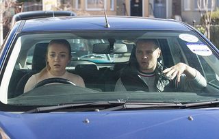 EastEnders Louise and Keanu in a car