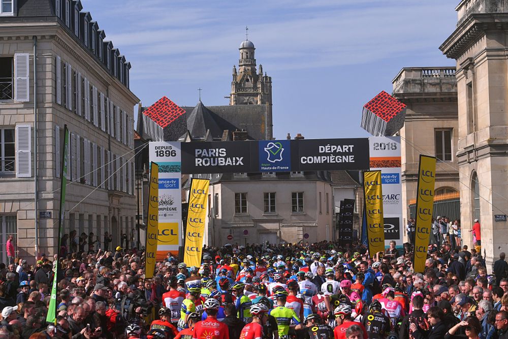2018 Paris-Roubaix the riders are lined up to start the race