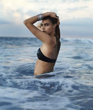 Hairstyle, Shoulder, Photograph, Liquid, Elbow, Summer, Brassiere, Fashion model, Waist, Black hair,