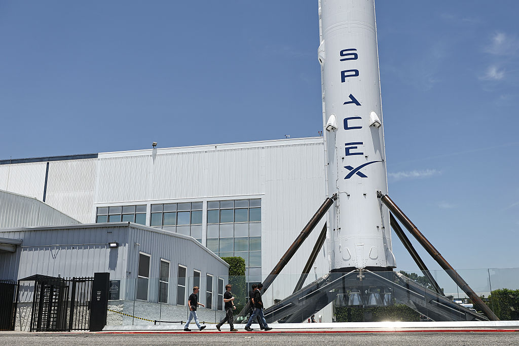 SpaceX signage outside the Space Exploration Technologies Corp. facility in Hawthorne, California