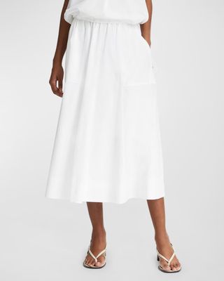 Gathered Utility Cotton Midi Skirt with Zip Pockets