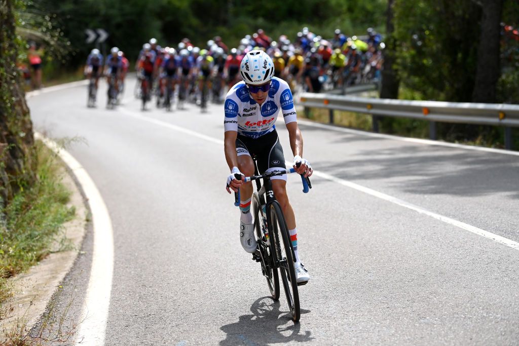 BURRIANA SPAIN AUGUST 30 Eduardo Sepulveda of Argentina and Team Lotto Dstny Polka dot Mountain Jersey competes in the breakaway during the 78th Tour of Spain 2023 Stage 5 a 1846km stage from Burriana to Burriana UCIWT on August 30 2023 in Morella Spain Photo by Tim de WaeleGetty Images
