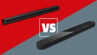 The Bose Lifestyle Ultra Soundbar and Sonos Arc Ultra in black, on a red and grey background with a white versus sign between them.