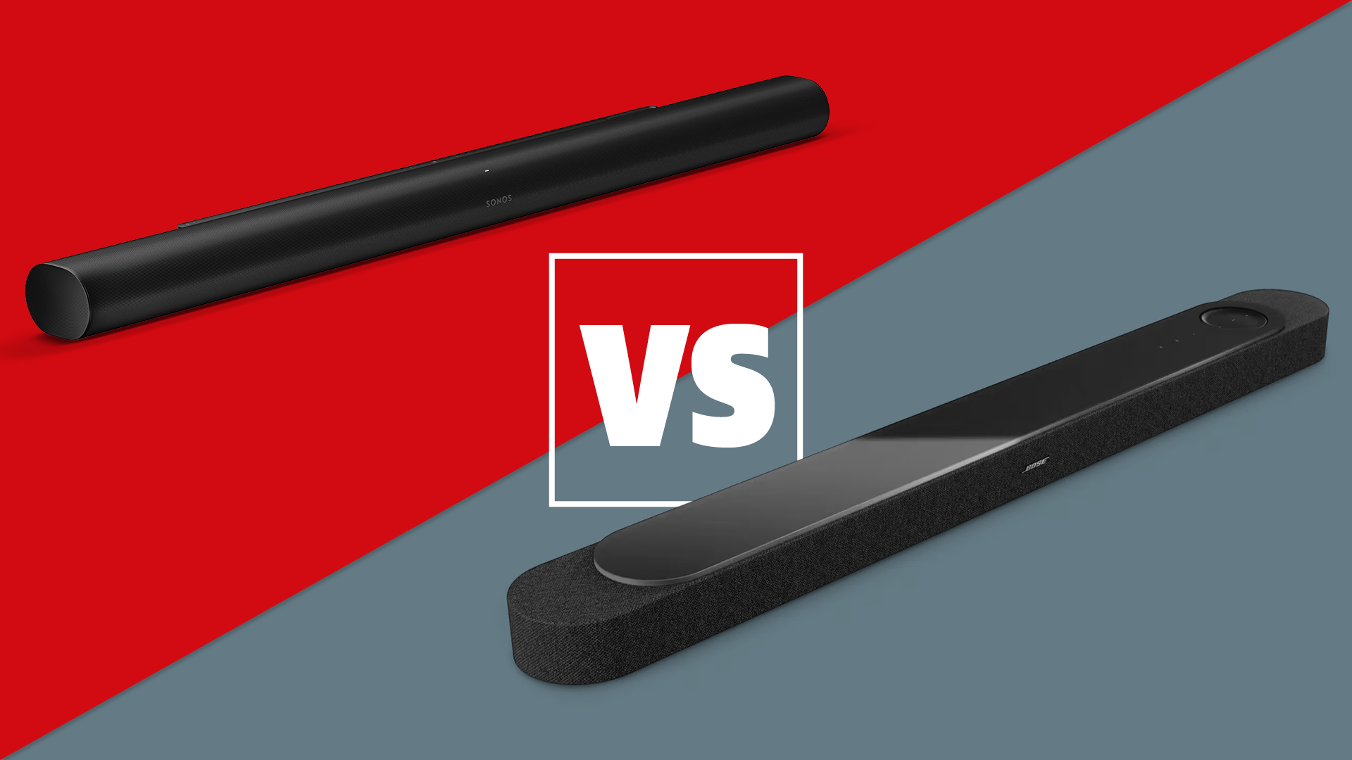 The Bose Lifestyle Ultra Soundbar and Sonos Arc Ultra in black, on a red and grey background with a white versus sign between them.