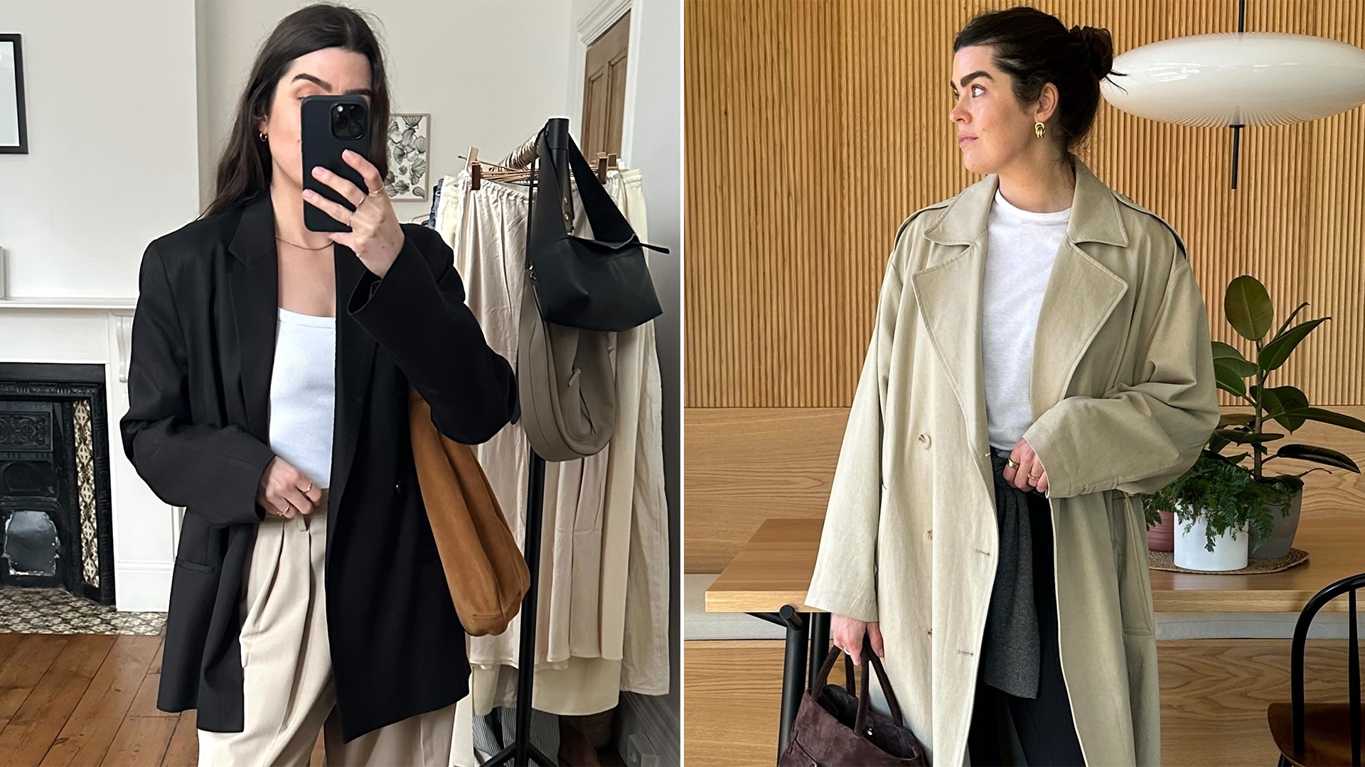 collage of British style influencer Anna Newton posing in chic outfit ideas with elevated basics like a black blazer, trench coat, white t-shirt, tan pants, black leggings, and suede bags