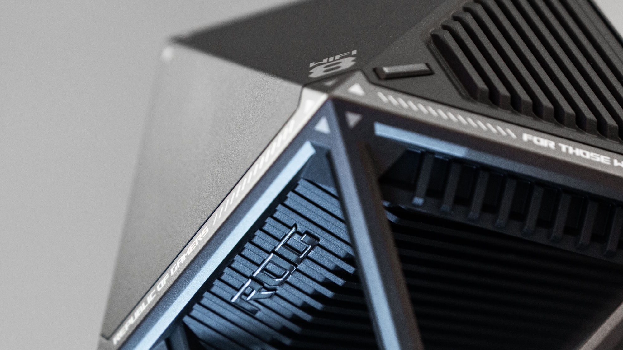 A closeup of the Asus ROG NeoCore Wi-Fi 8 concept router in black
