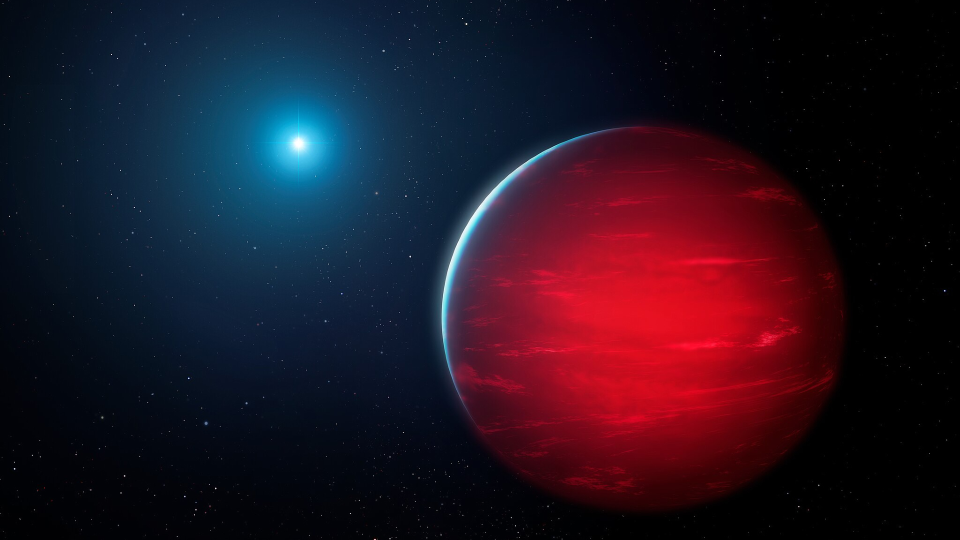 A bright glowing ball is seen in the background of the image far from a glowing red sphere at the front of the image