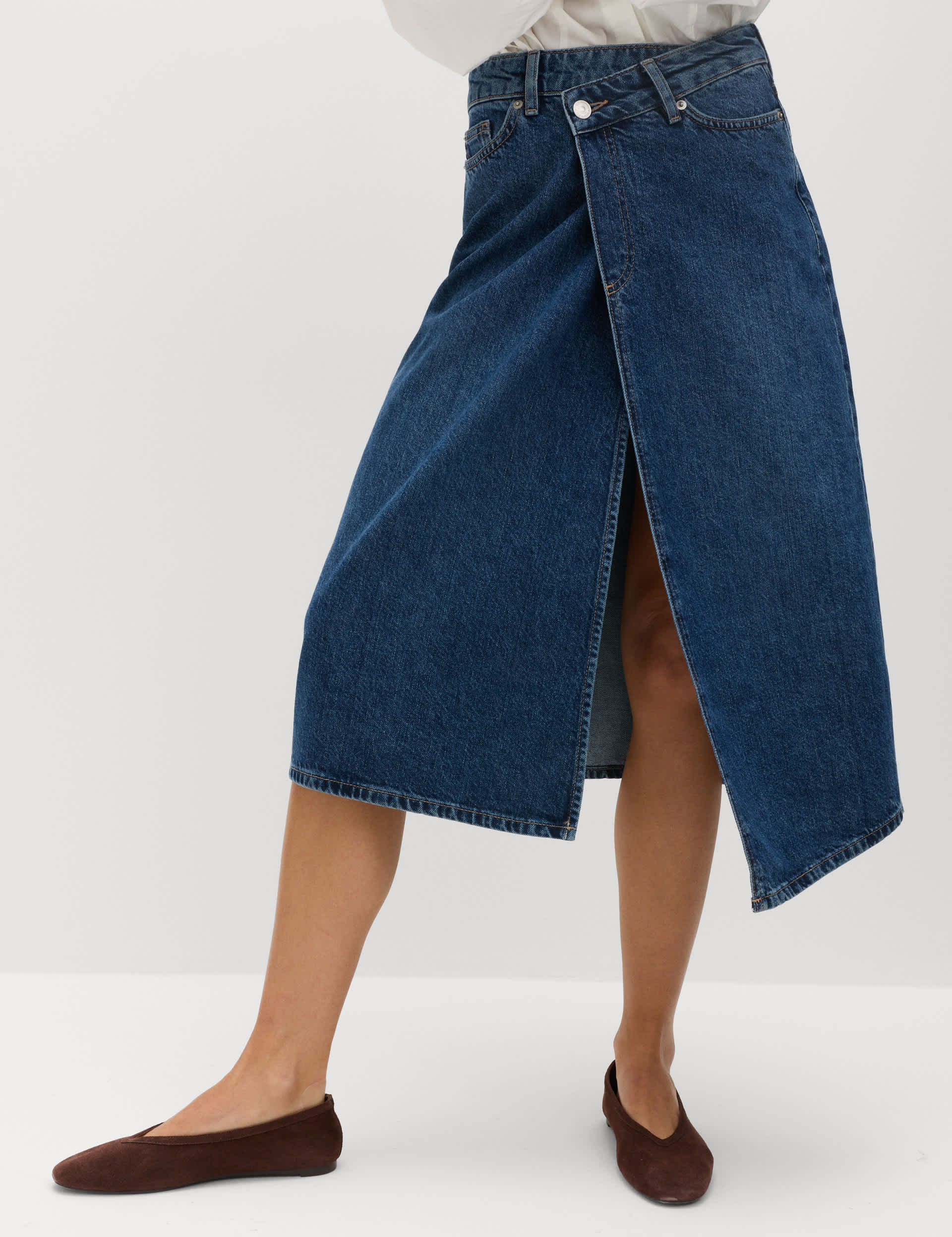 Pure Cotton Denim Asymmetric Midi Wrap Skirt