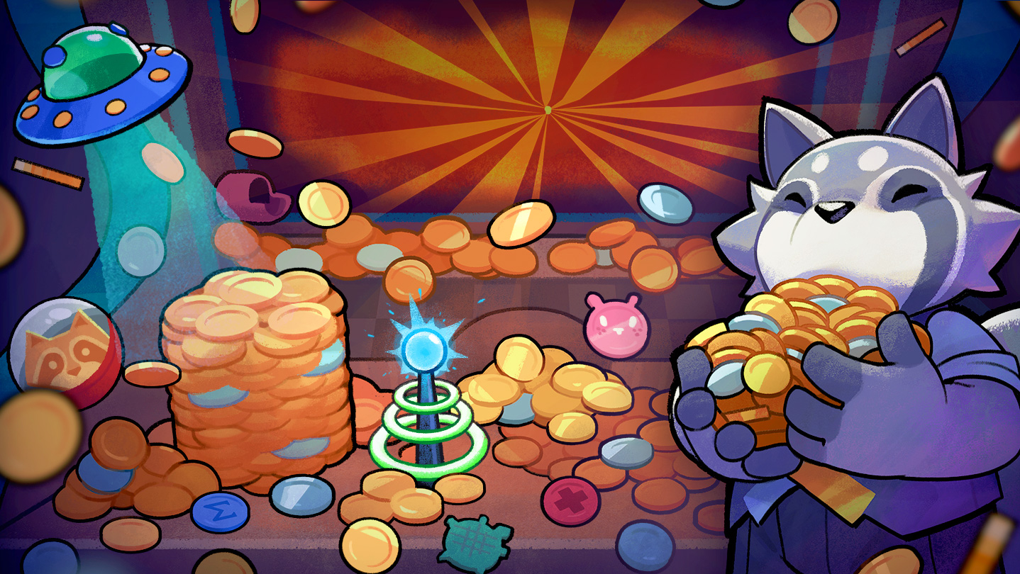 A raccoon holding an armful of coins in front of the coin pusher machine in Raccoin.