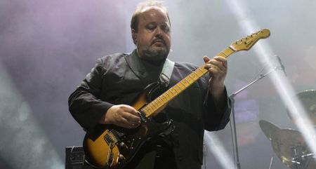 Steve Rothery plays his Blade S-style guitar live onstage in 2017