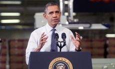 All work and no play: President Barack Obama speaks at a toy factory in Pennsylvania on Friday.