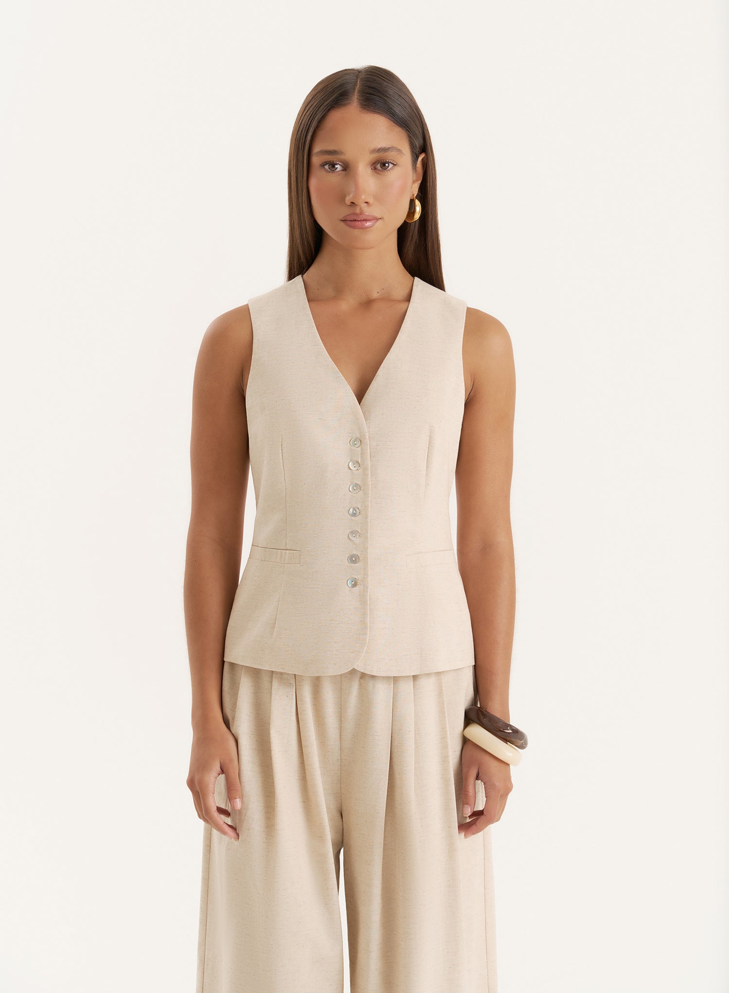 Beige Linen Blend Waistcoat- Milo - 6