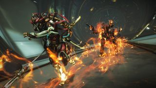 A warframe, Nezha Prime, sprints past a line of Corpus enemies, leaving them ablaze in its wake.