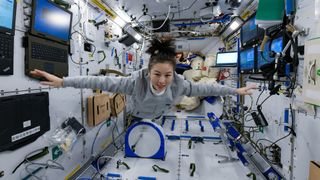Chinese astronaut Wang Yaping inside of the Tianhe space station.