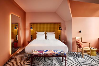 a modern colorful hotel room
