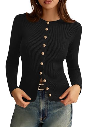 Prettygarden Womens 2025 Fall Cardigan Sweaters Lightweight Long Sleeve Button Up Ribbed Knit Tops Winter Fashion Clothes (black,large)