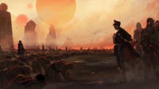 people in military outfits look out across a dusty planet on which thousands of people bow and kneel before them
