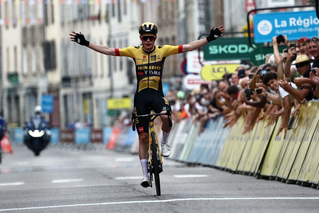 JumboVismas Danish rider Jonas Vingegaard raises his arms in victory as he crosses the finish line to win the fifth stage of the 75th edition of the Criterium du Dauphine cycling race 1915km between CormoranchesurSaone and SalinsLesBains on June 8 2023 Photo by AnneChristine POUJOULAT AFP Photo by ANNECHRISTINE POUJOULATAFP via Getty Images