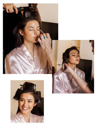 Liza Soberano getting her hair and makeup done in a pink robe.