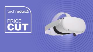 The Meta Quest 2 VR headset is on a purple background. Text beside it reads 'price cut'.