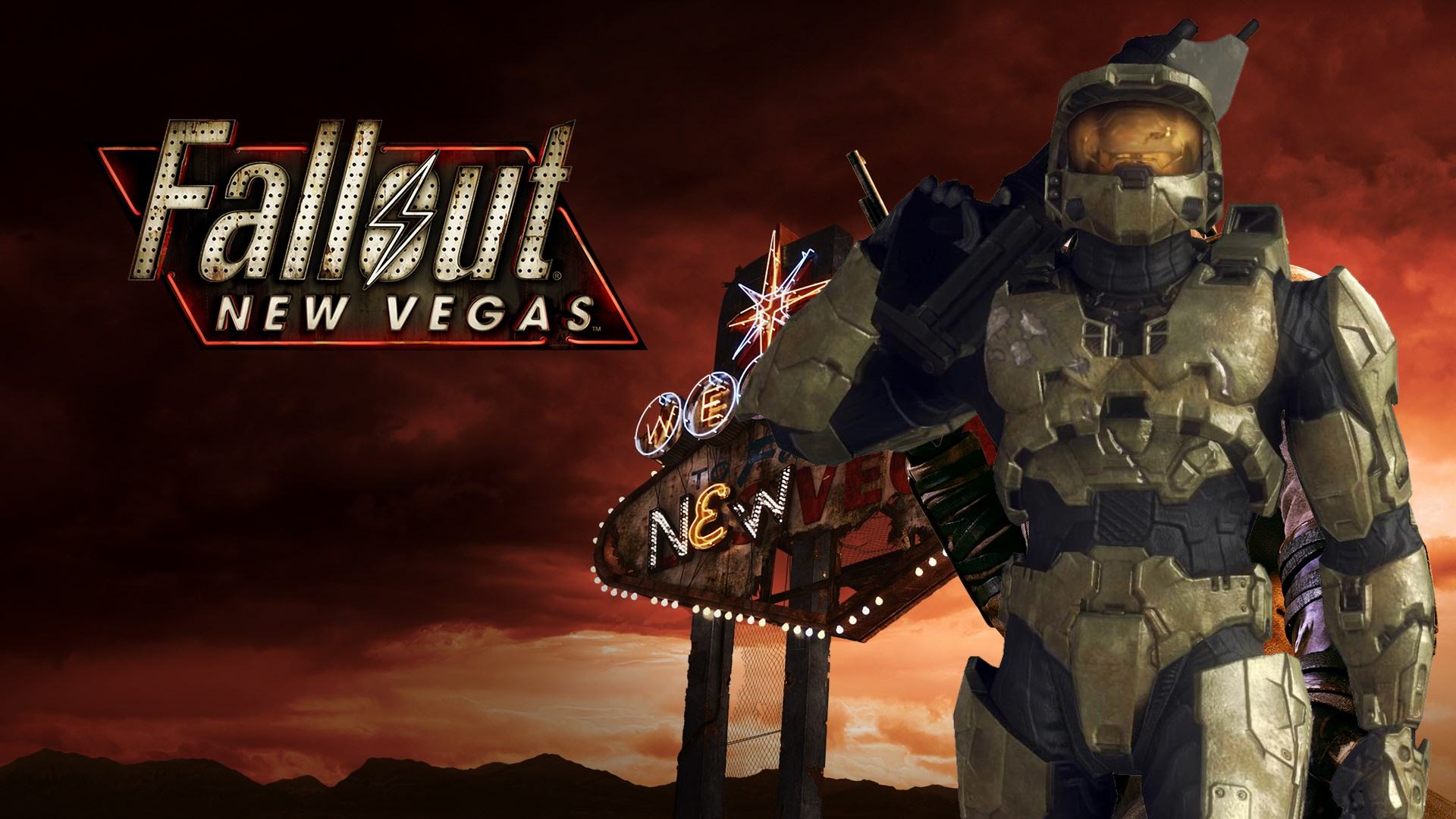 Master Chief from Halo 3 stands in front of the Welcome to New Vegas sign, alongside the Fallout: New Vegas logo against a red-orange sky.
