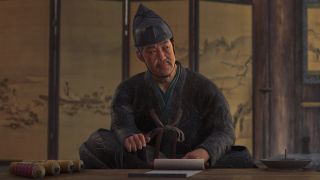 Assassin's Creed Shadows Imai Sokyu location - Imai Sokyu sitting down at a table with his head turned to his left.