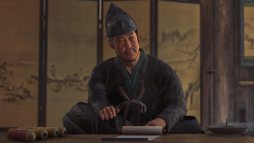 Assassin&#039;s Creed Shadows Imai Sokyu location - Imai Sokyu sitting down at a table with his head turned to his left.