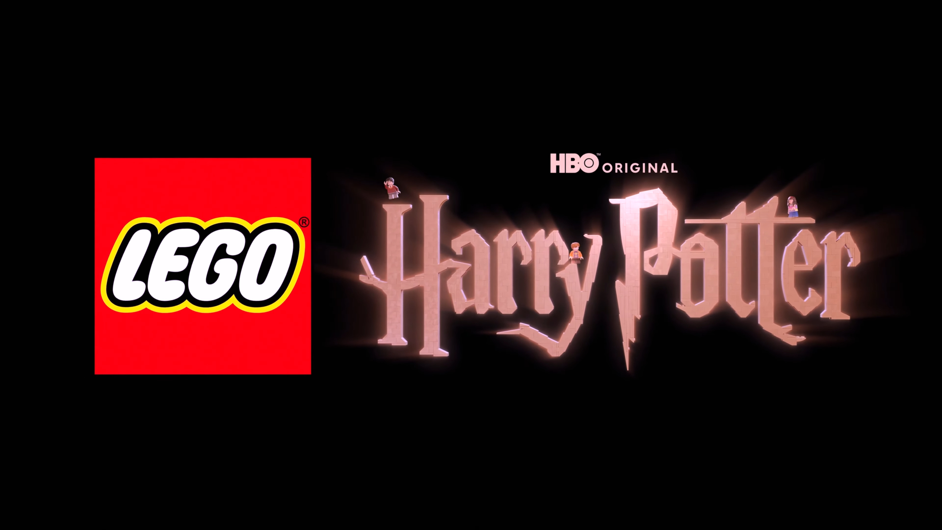 Lego Harry Potter HBO logo on a dark backgroud, with minifigures of Harry, Ron, and Hermione visible on the letters