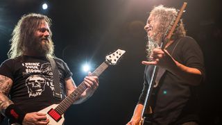 Gary Holt of Exodus and Kirk Hammet of Metallica play an encore on Exodus' gig at Fear FestEvil Grand Regency Ballroom on February 8, 2014 in San Francisco