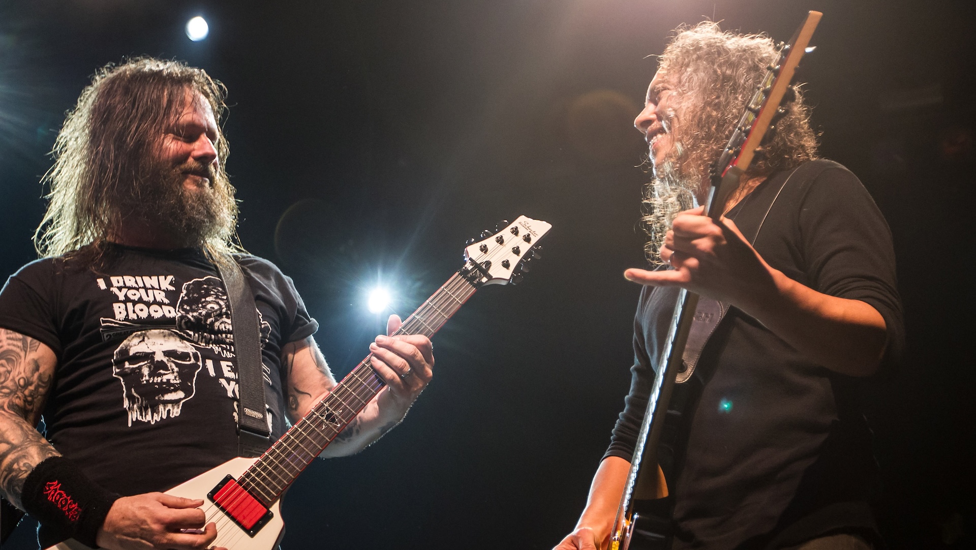 Gary Holt of Exodus and Kirk Hammett of Metallica play an encore on Exodus' gig at Fear FestEvil Grand Regency Ballroom on February 8, 2014 in San Francisco